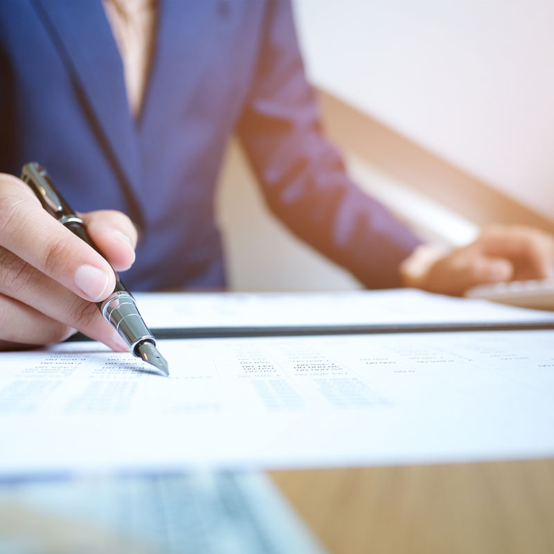 hands of person holding a pen looking through paperwork representing prenup